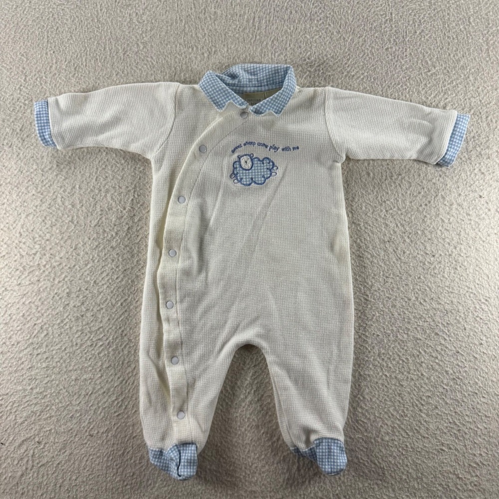 Parisian Bebe Footed Sleeper Baby 3-6M Cream Blue Gingham Sheep Thermal Vintage